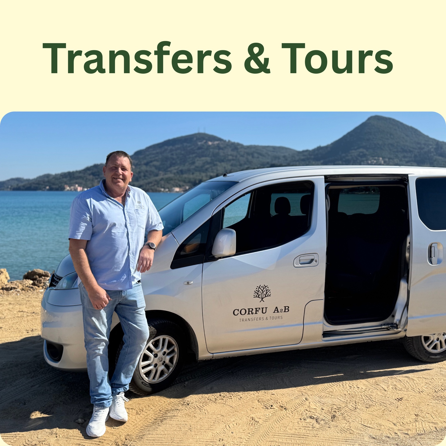 Lee Rickhuss beside a Corfu A2B Transfers and Tours vehicle in Messonghi